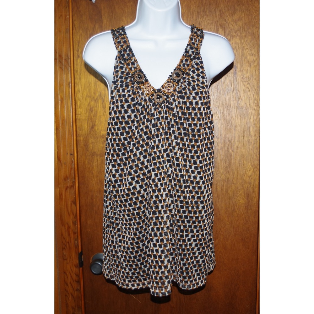 Rafaella Womens Geometric Beaded V-Neck Sleeveless Blouse Top Black Brown Large